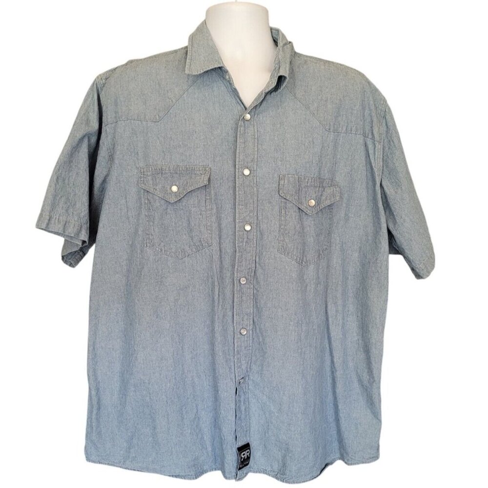 Real‎ Ranch Wear Shirt XL Pearl Snap Blue Chambray Denim Short Sleeve Work Wear